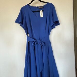 Lane Bryant 16 Royal Blue Dress Fitted Tie at Waist Fit & Flare Flutter Sleeves